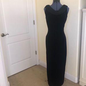 Black velvet classic fitted dress with drape neck
